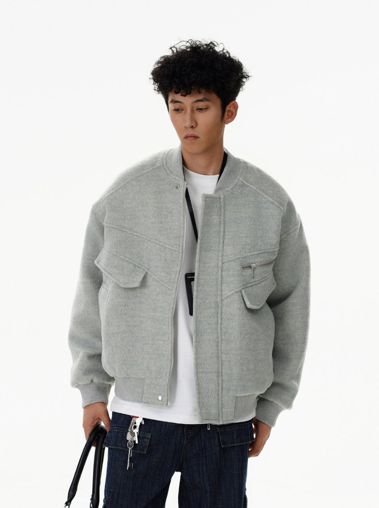 Oversized Drop Shoulder Bomber Jacket with Zip Pocket Detail