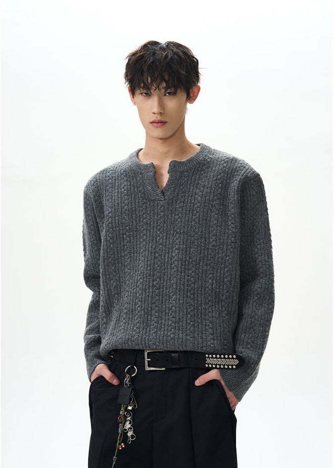 Cable Knit Notch-Neck Henley Pullover