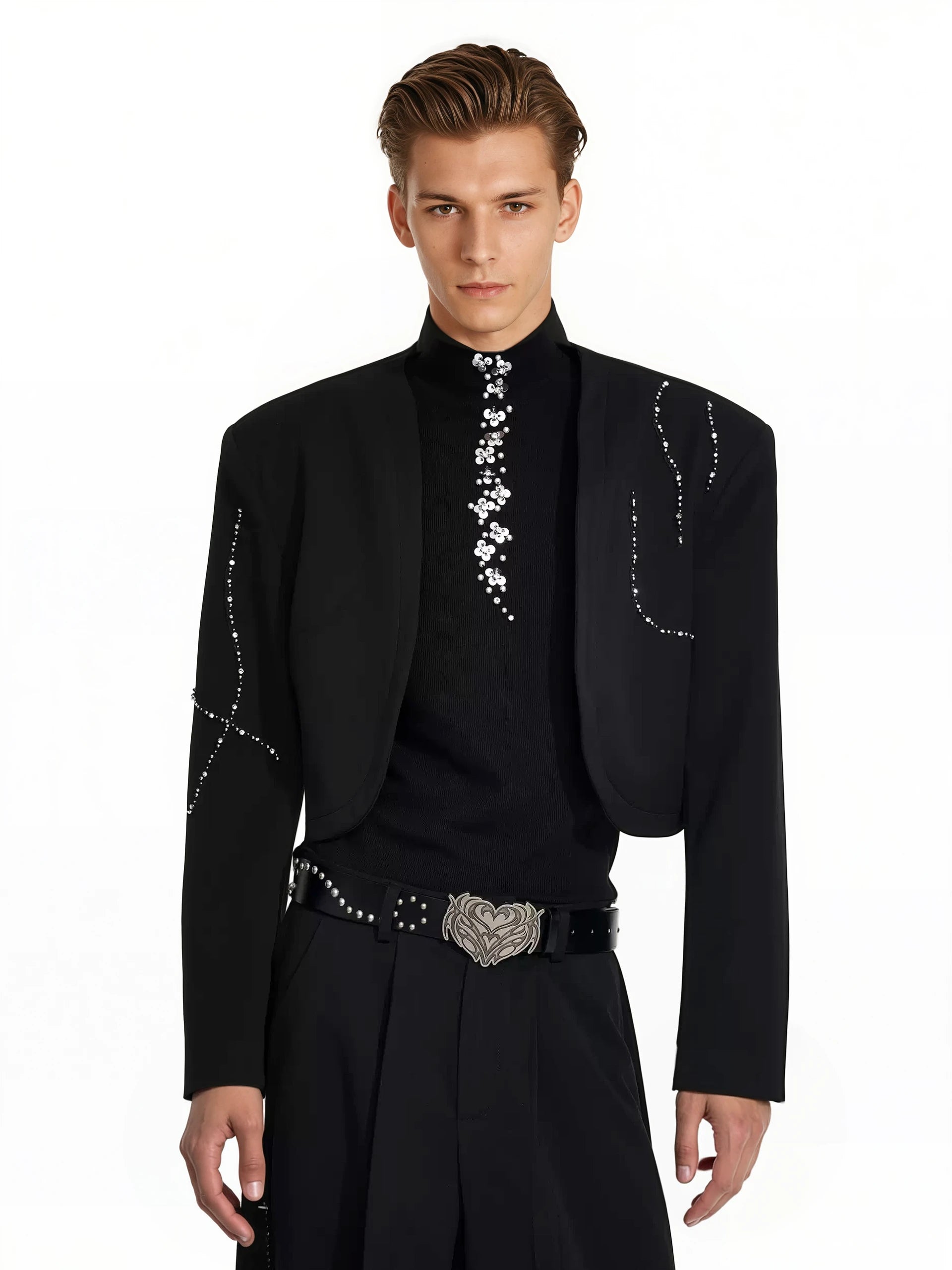 Structured Curve-Panel Cropped Blazer with Embellished Detailing and Wide Leg Pants Two-Piece Set