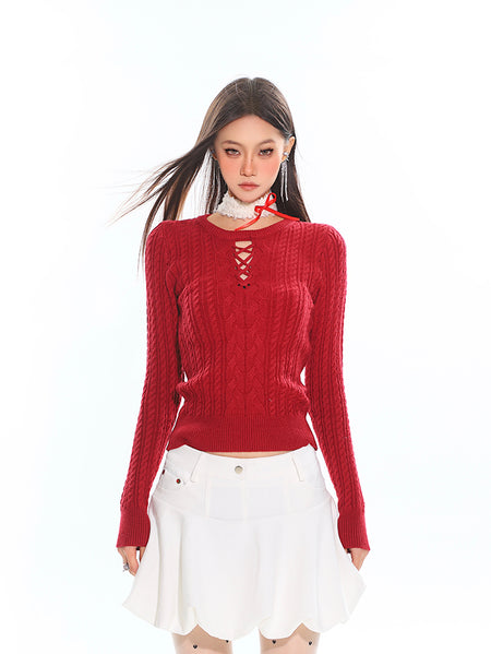 Cable Knit Cutout Long Sleeve Sweater Top