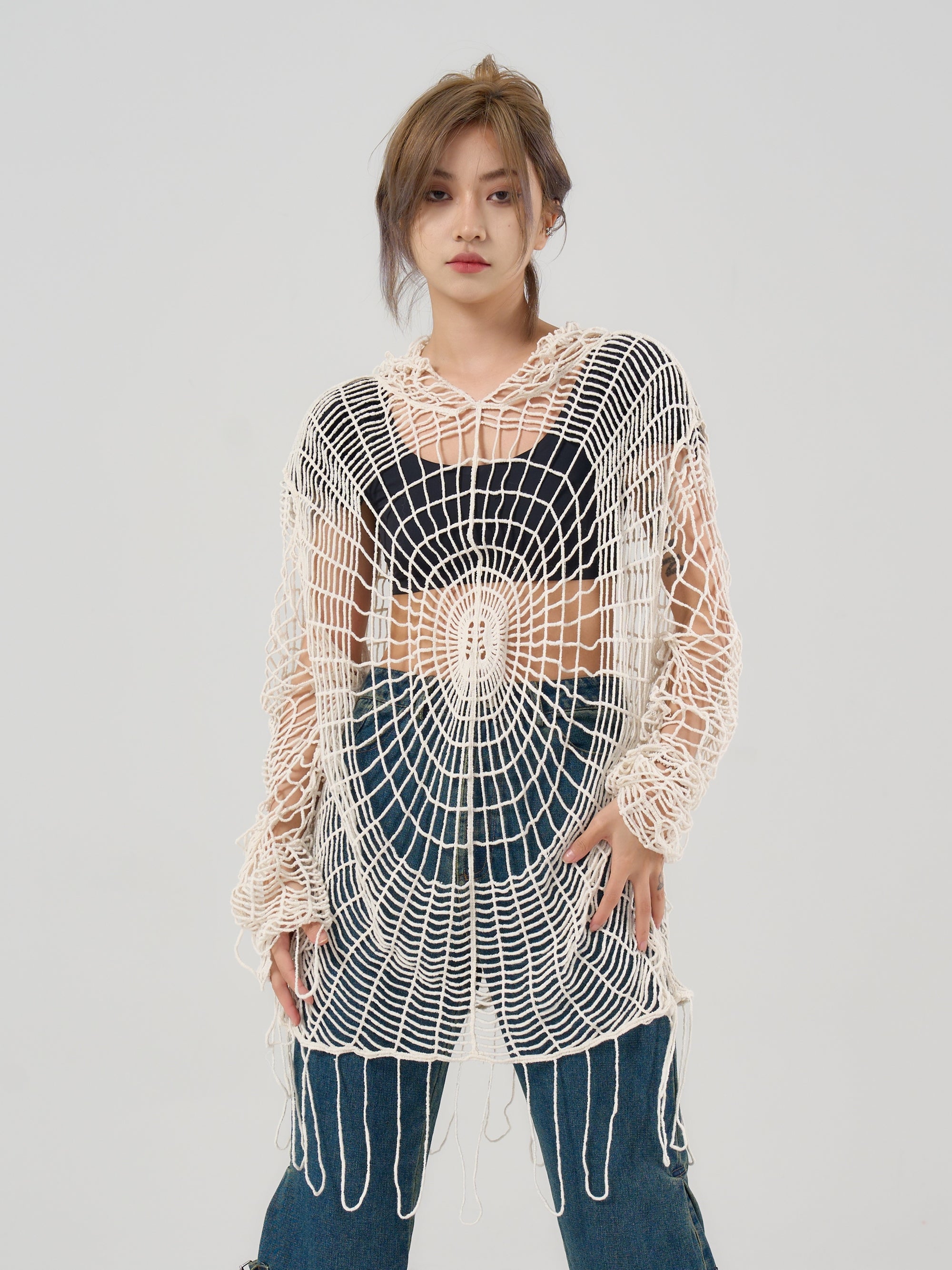 Spider Web Open Knit Hoodie