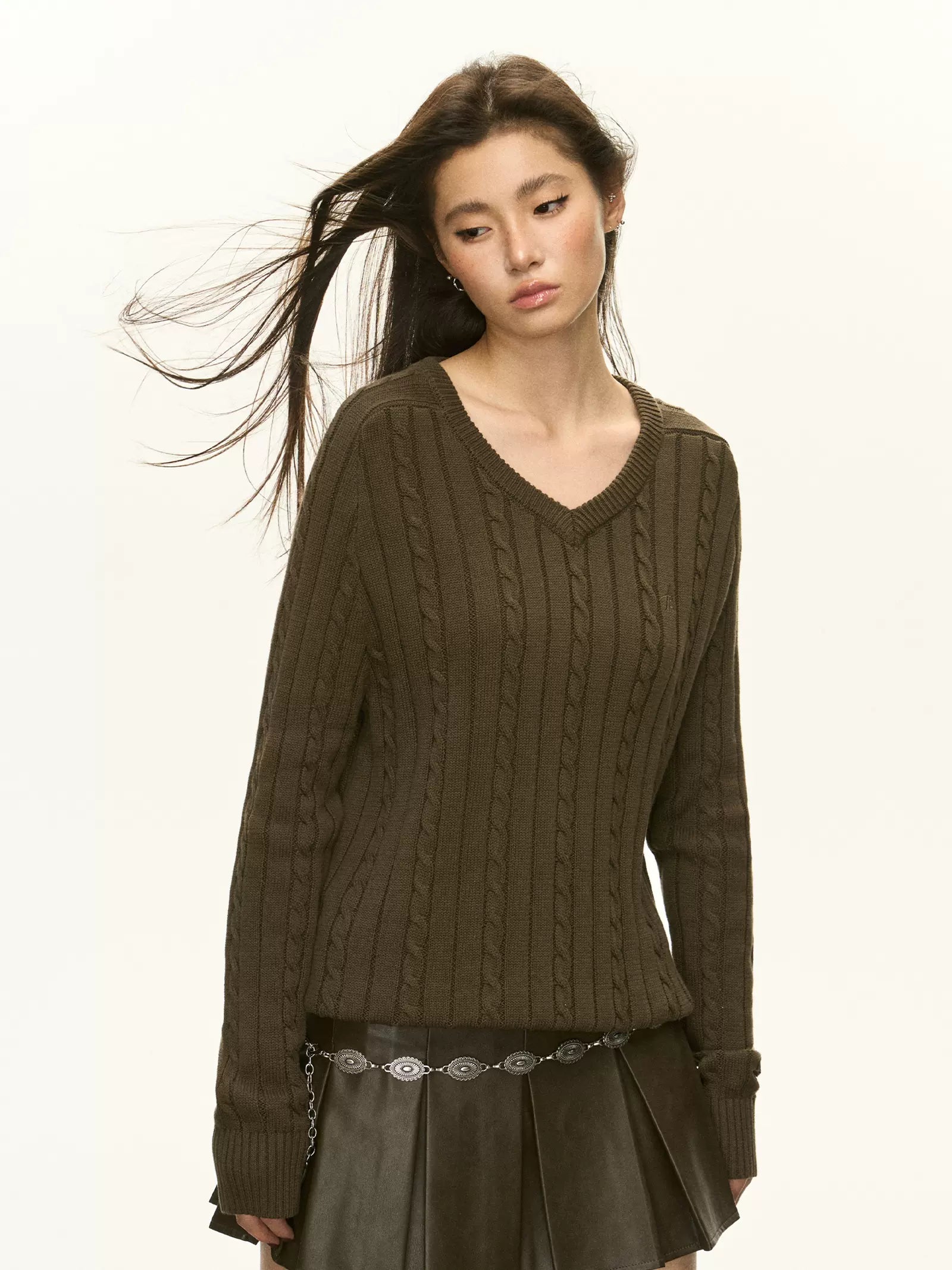 Cable Knit V-Neck Sweater with Ribbed Trim