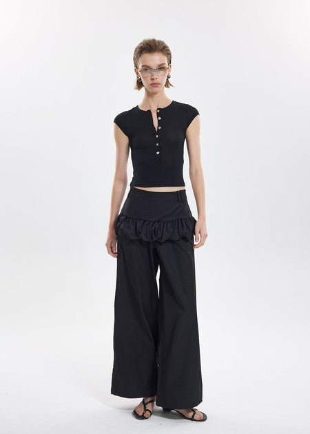 Wide Leg Trousers with Ruffle Waist Detail and Belt Loops - nightcity clothing