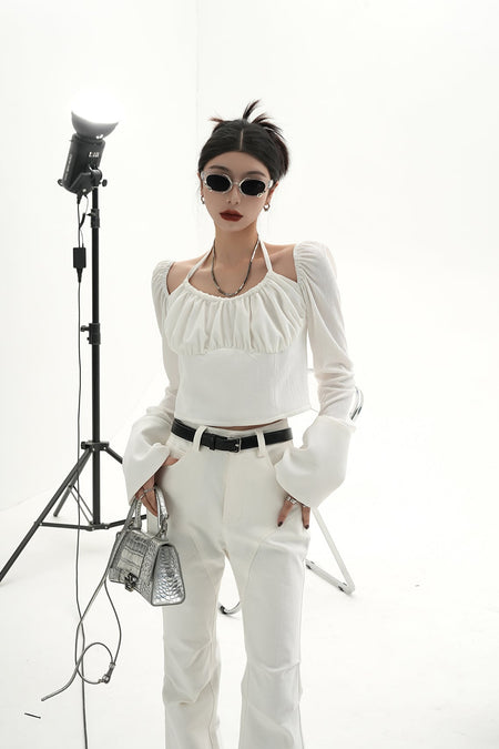 Sheer Long Sleeve Ruched Halter Blouse with Flared Cuffs