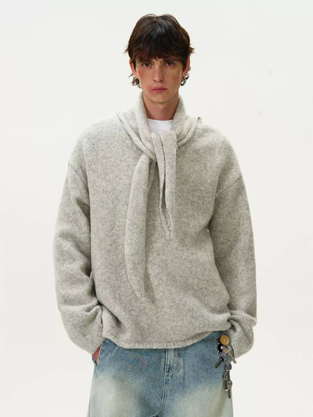 Brushed Knit Sweater with Attached Scarf Detail