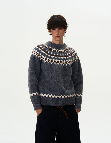 Patterned Fair Isle Crew Neck Wool Knit Sweater