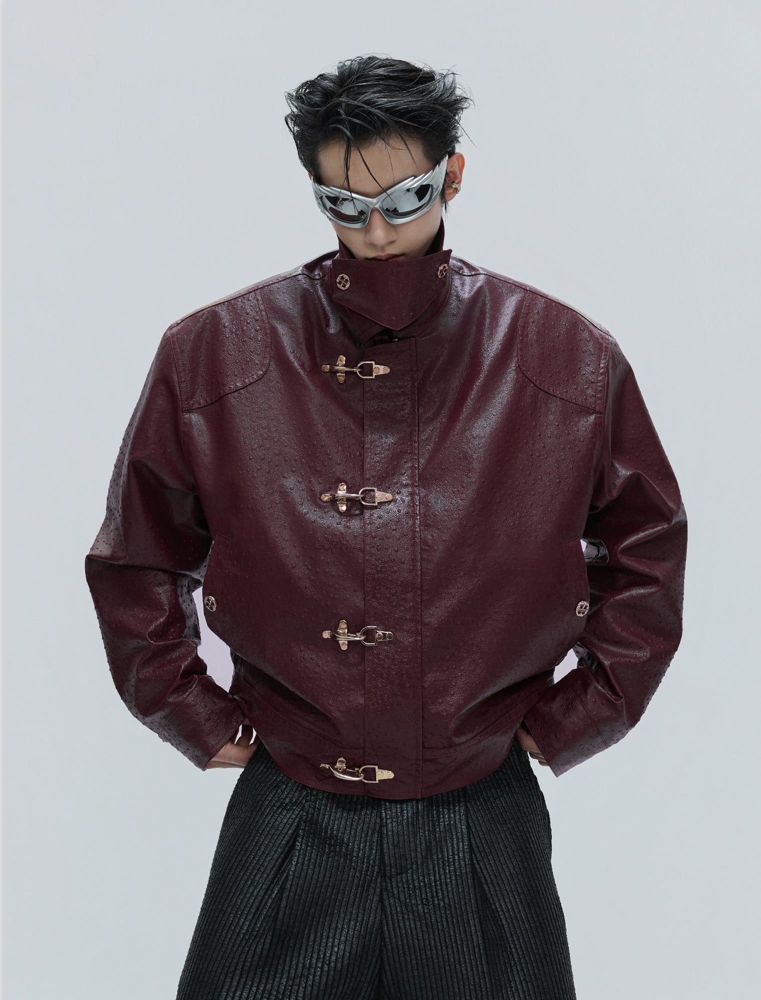 Faux Leather Textured Fireman-Clasp Boxy Jacket - nightcity clothing