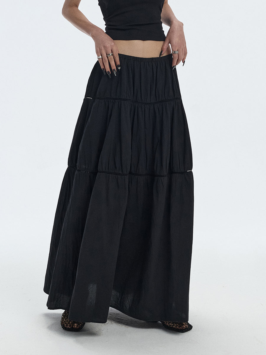 Lace Trim Low-Waisted Elastic Maxi Skirt