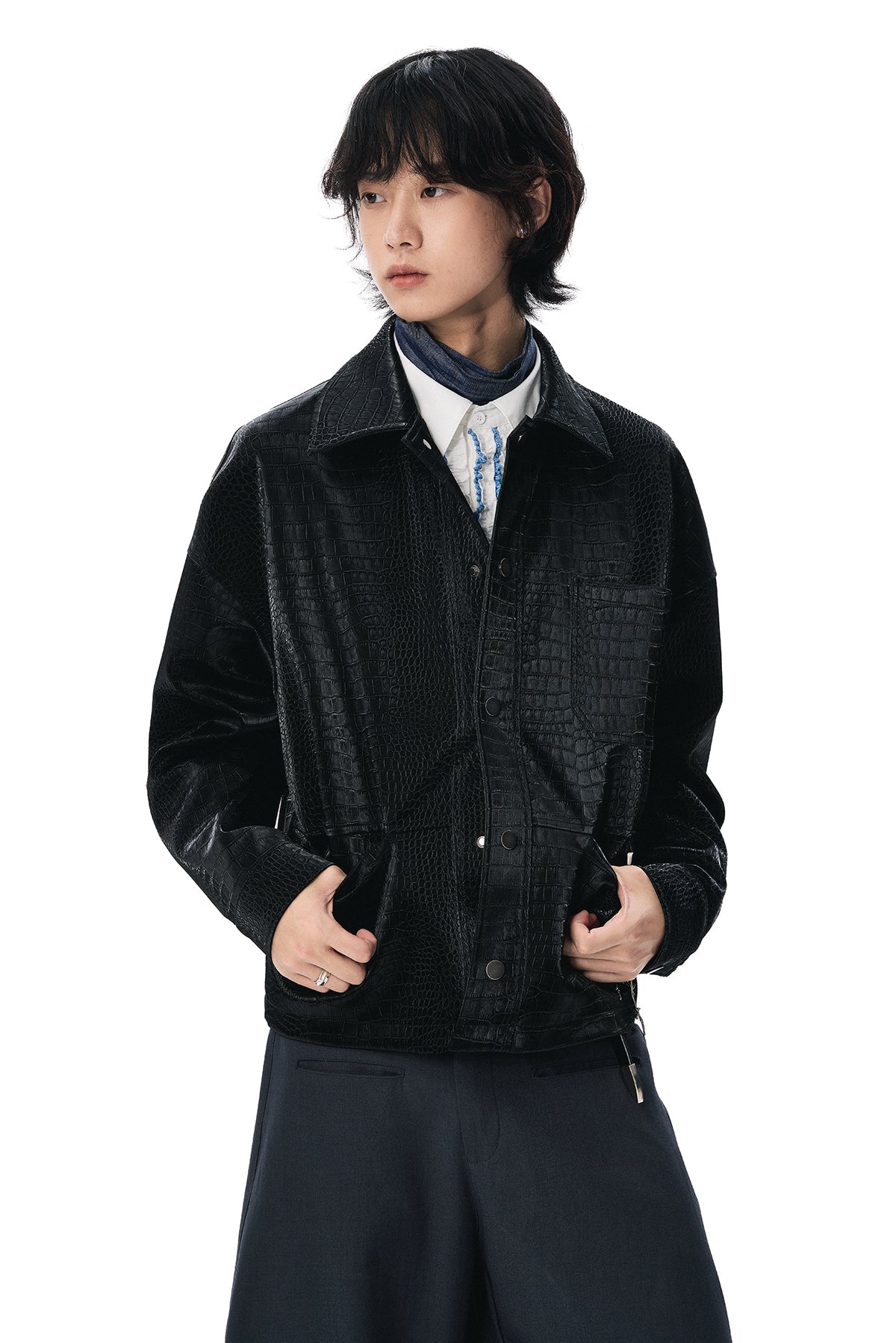 Oversized Crocodile Pattern Faux Leather Snap Button Jacket