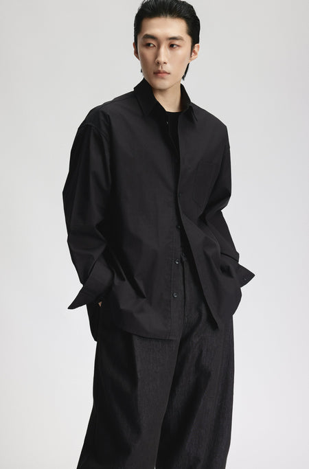 Oversized Wide-Fit Long Sleeve Button Shirt with Chest Pocket
