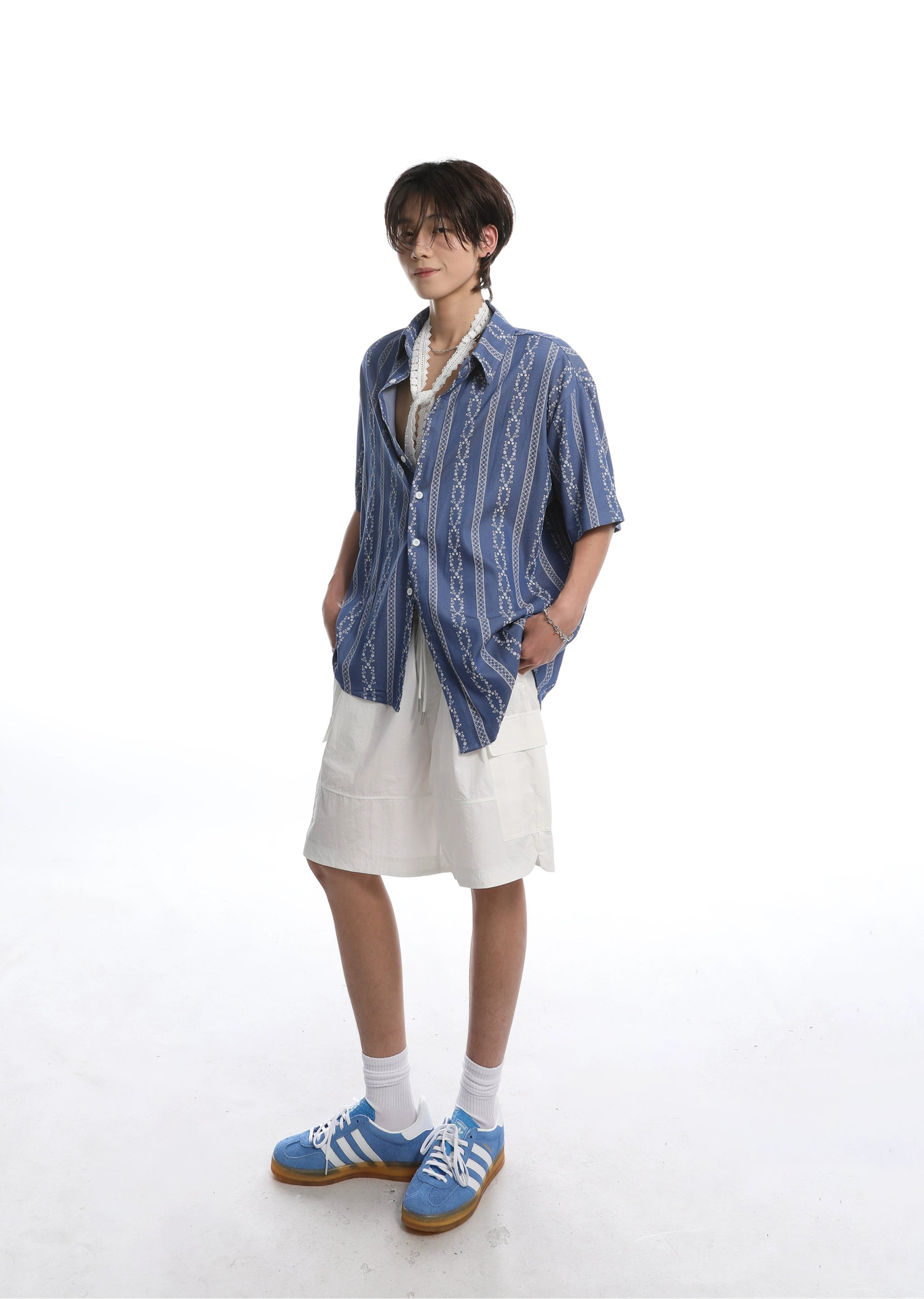 Button-Up Shirt with Vertical Floral Stripe Pattern