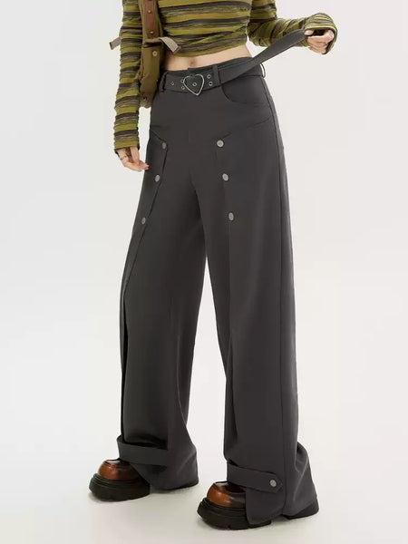 High-Waist Wide-Leg Pants with Button Split Design