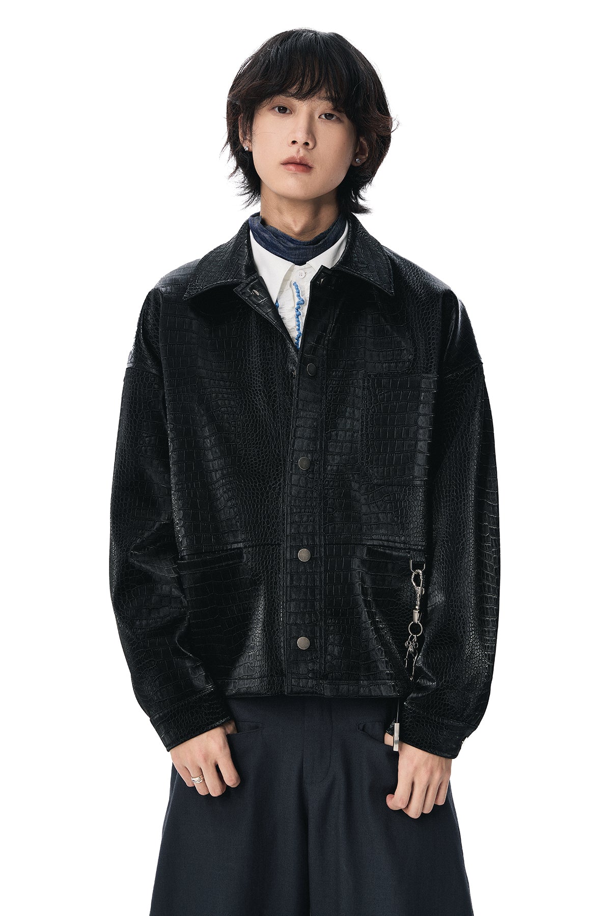 Oversized Crocodile Pattern Faux Leather Snap Button Jacket