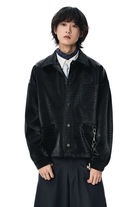 Oversized Crocodile Pattern Faux Leather Snap Button Jacket