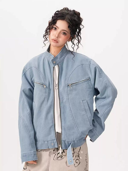 High Collar Drop Shoulder Jacket with Zip Pocket Details