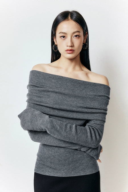 Off-Shoulder Ribbed Knit Long Sleeve Sweater Top - nightcity clothing