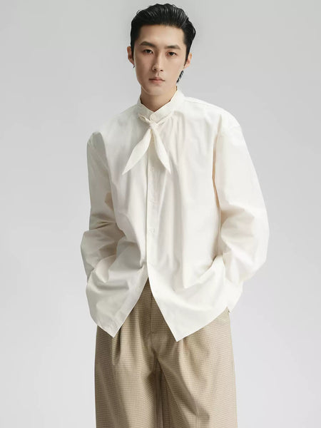 Mandarin Collar Button-Up Shirt with Attached Neck Tie Detail - nightcity clothing