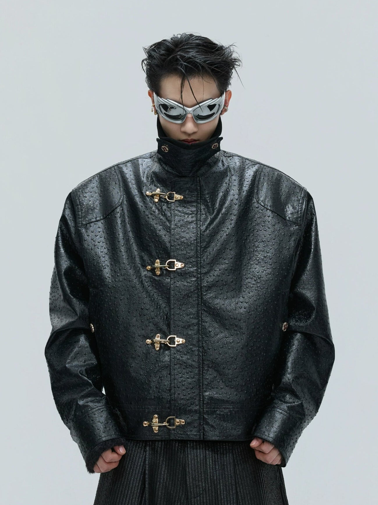 Faux Leather Textured Fireman-Clasp Boxy Jacket - nightcity clothing