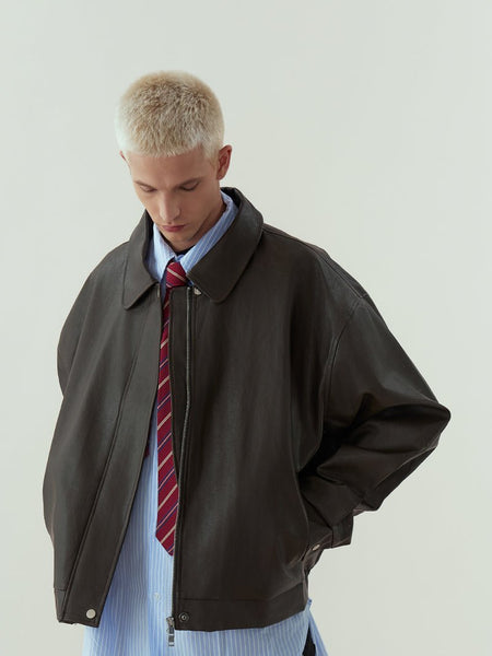 Oversized Faux Leather Drop Shoulder Zip Jacket