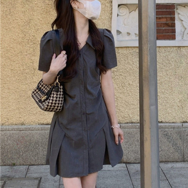 Button Down Pleated Mini Dress