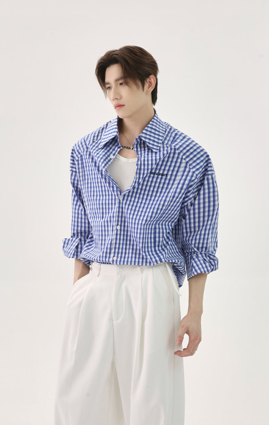 Gingham Pattern Long Sleeve Wide-Collar Button Shirt