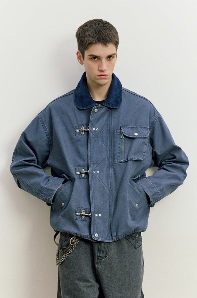 Fireman Clasp Worker Denim Jacket with Patch Pockets