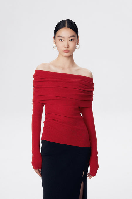 Off-Shoulder Ribbed Knit Long Sleeve Sweater Top - nightcity clothing