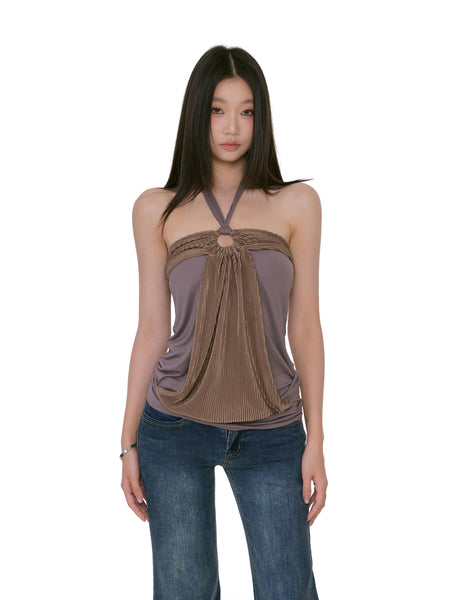 Halter Neck Pleated Ring Detail Draped Top