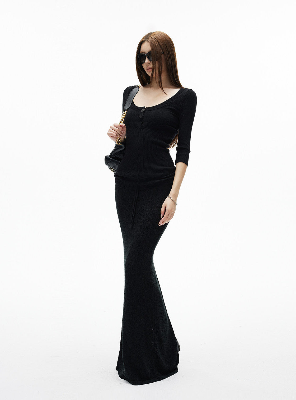 Skinny Knit Maxi Skirt with Back Slit - nightcity clothing