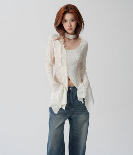 Sheer Knit Wrap-Scarf Top with Textured Pattern - nightcity clothing
