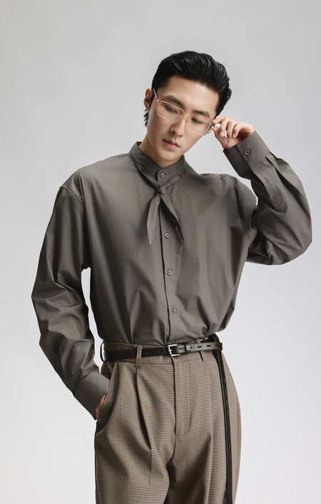 Mandarin Collar Button-Up Shirt with Attached Neck Tie Detail - nightcity clothing