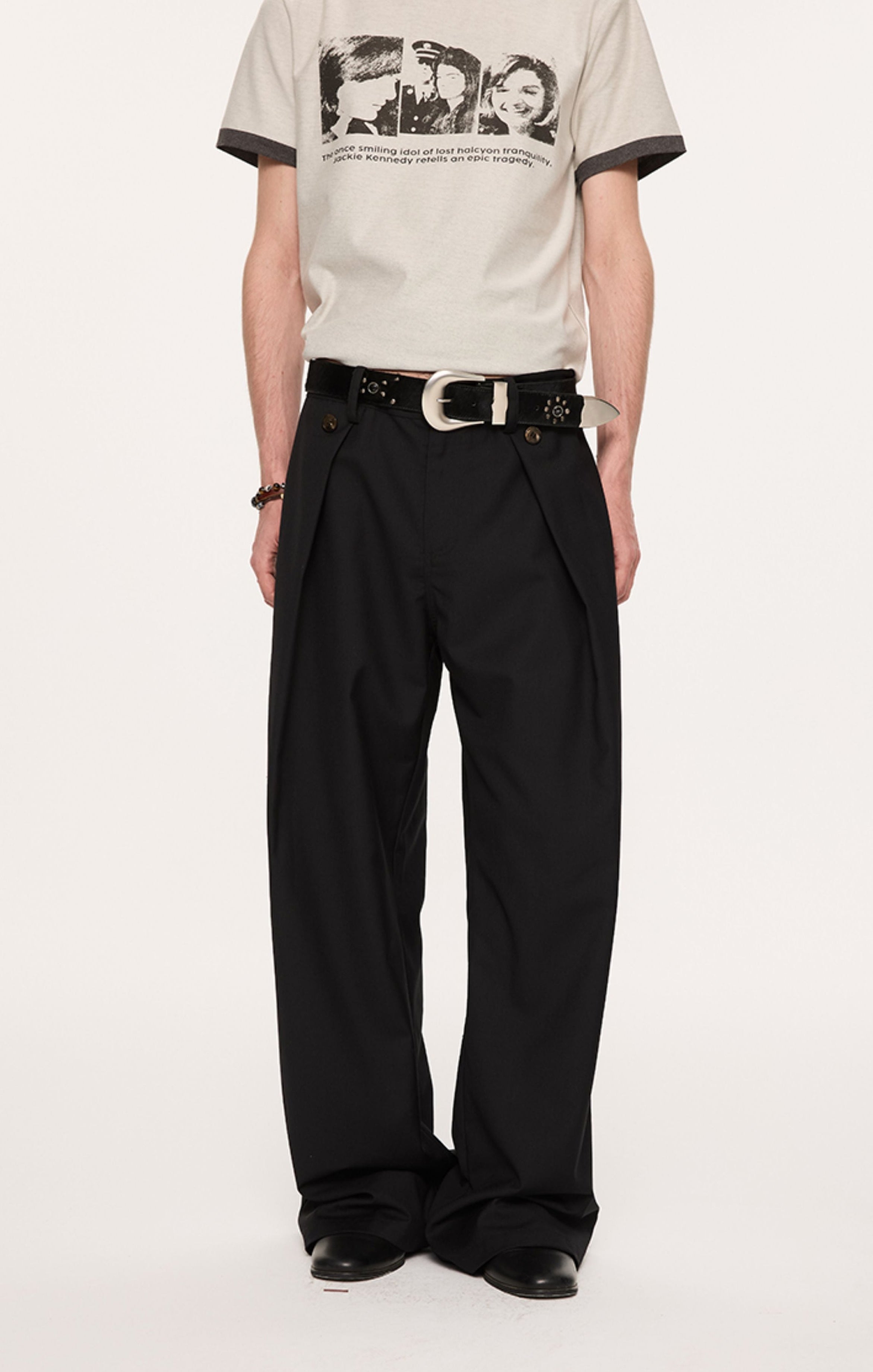 Wide Leg Pleated Pants with Side Overlay Button Panels