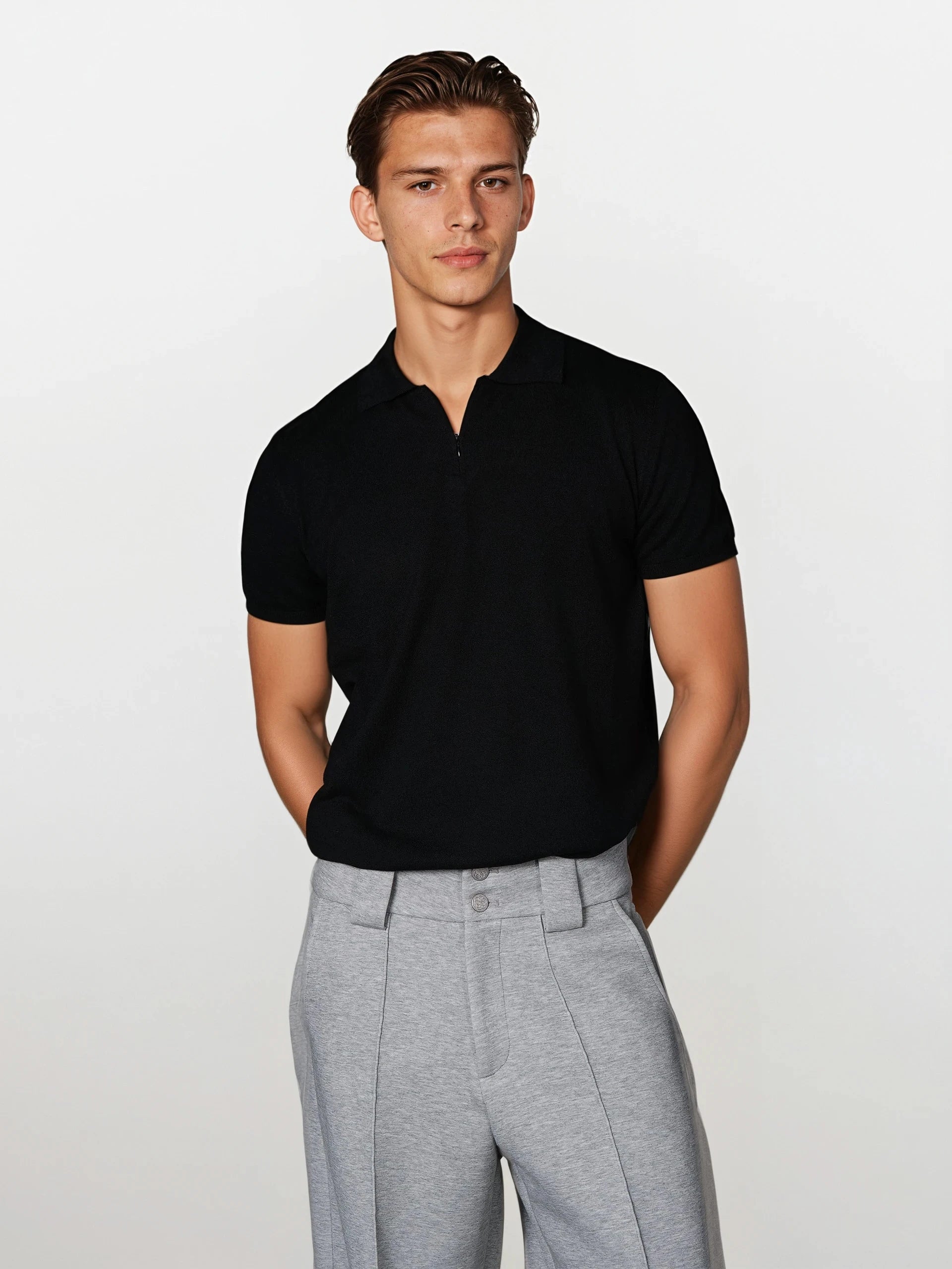 Slim Half Zip Short Sleeve Polo Knit Top
