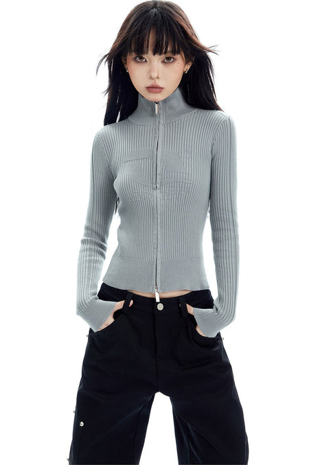 Ribbed Zip-Up Mock Neck Sweater - nightcity clothing