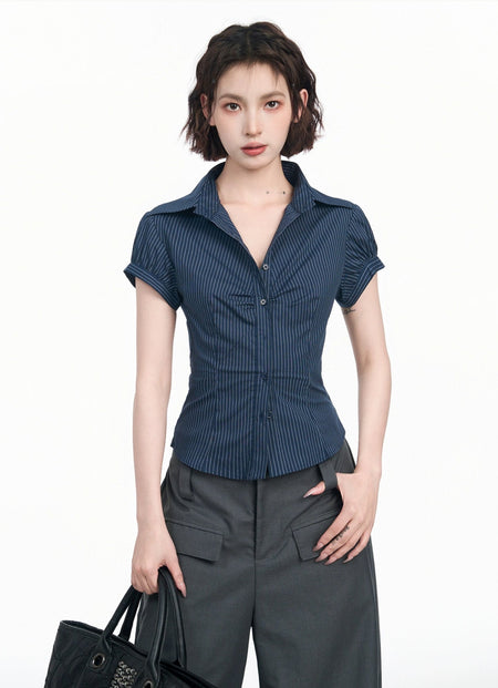 Pinstripe Short Sleeve Collared Button-Up Top - nightcity clothing