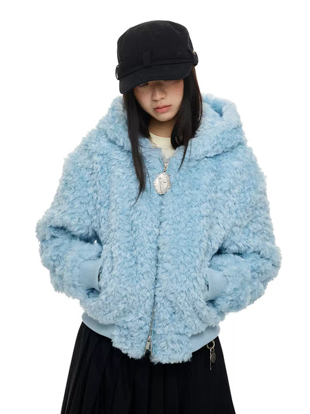 Ribbed Trim Hoodie Faux Shearling Zip-Up Jacket