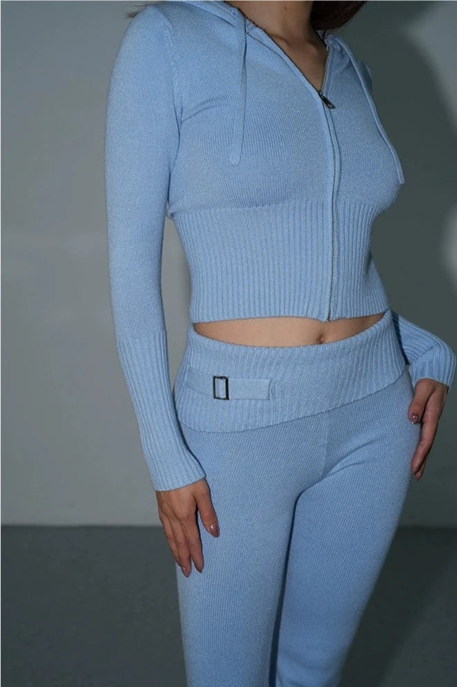 Skinny Ribbed Knit Cropped Hoodie and Lightweight Leggings Co-ord Set