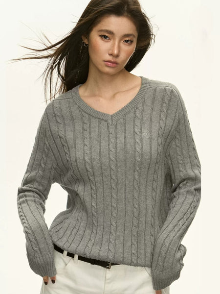 Cable Knit V-Neck Sweater with Ribbed Trim