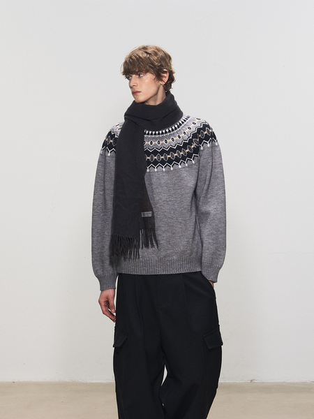 Jacquard Knit Crew Neck Sweater with Fair Isle Pattern