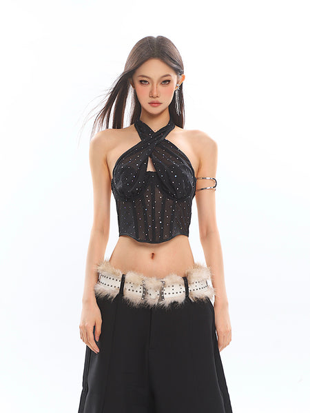 Criss Cross Halter Neck Rhinestone Sheer Corset Top