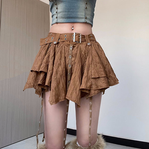 Asymmetric Ruffle Mini Skirt with Belt