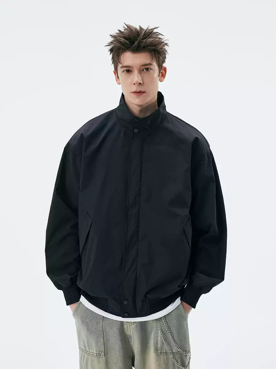 Stand Collar Zip-Up Bomber Jacket with Ribbed Hem