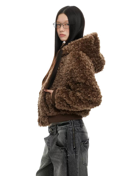 Ribbed Trim Hoodie Faux Shearling Zip-Up Jacket
