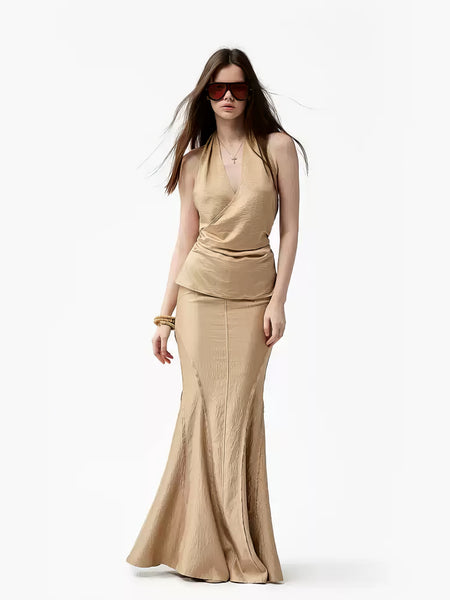 Halter Wrap Top and Fishtail Maxi Skirt Two-Piece Set