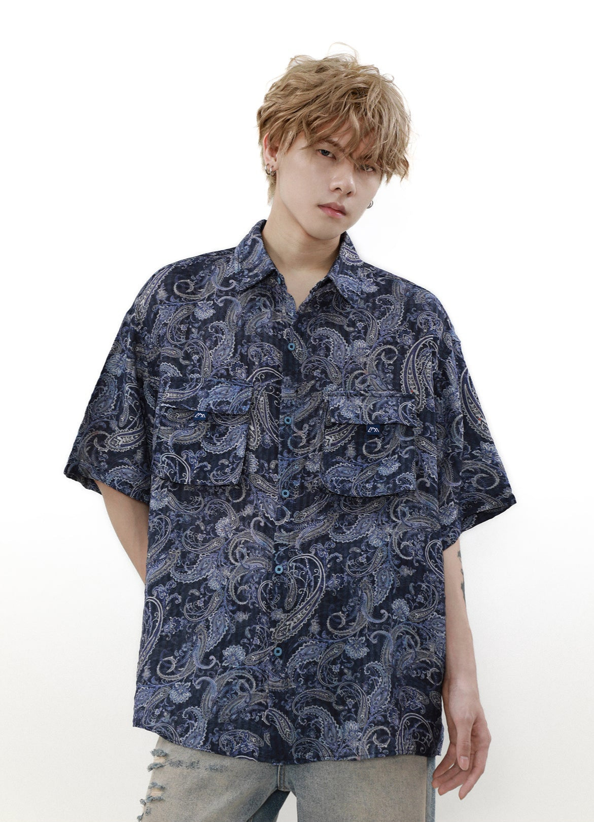 Paisley Print Short Sleeve Button Shirt With Flap Chest Pockets