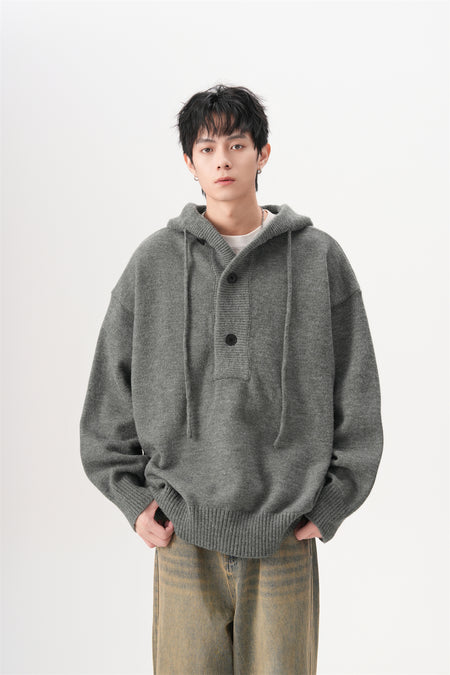 Ribbed Hem Drop Shoulder Half Button Hooded Sweater
