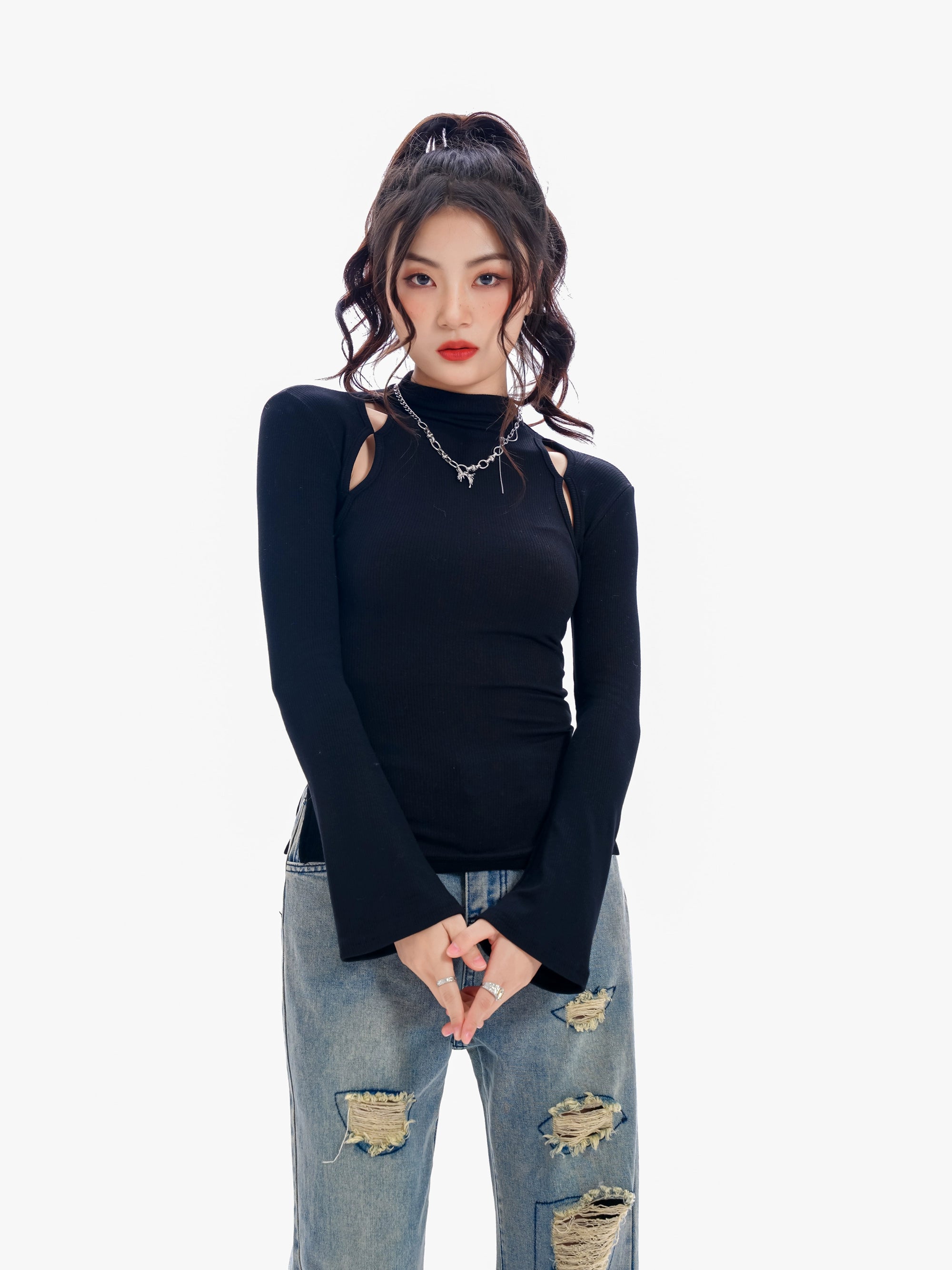 Ribbed Mock Neck Cutout Long Sleeve Top