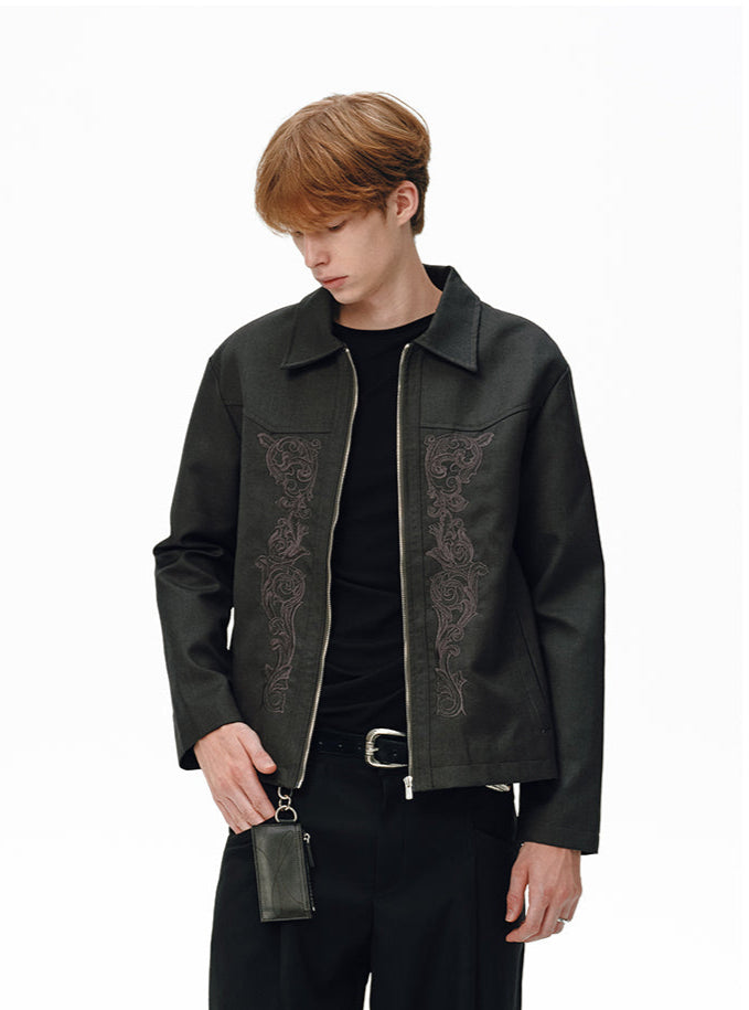 Slim Collared Embroidered Zip-Up Jacket