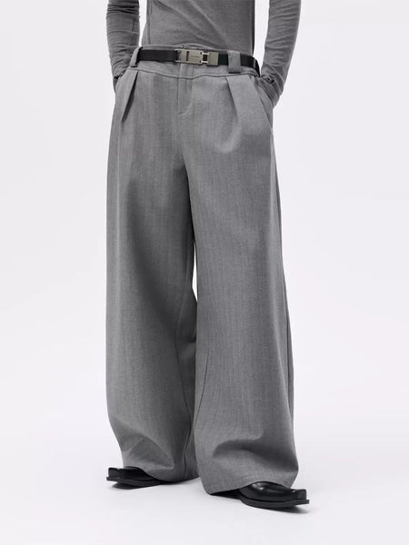Wide Leg Stripe Pleated Pants with Chunky Belt Loops - nightcity clothing