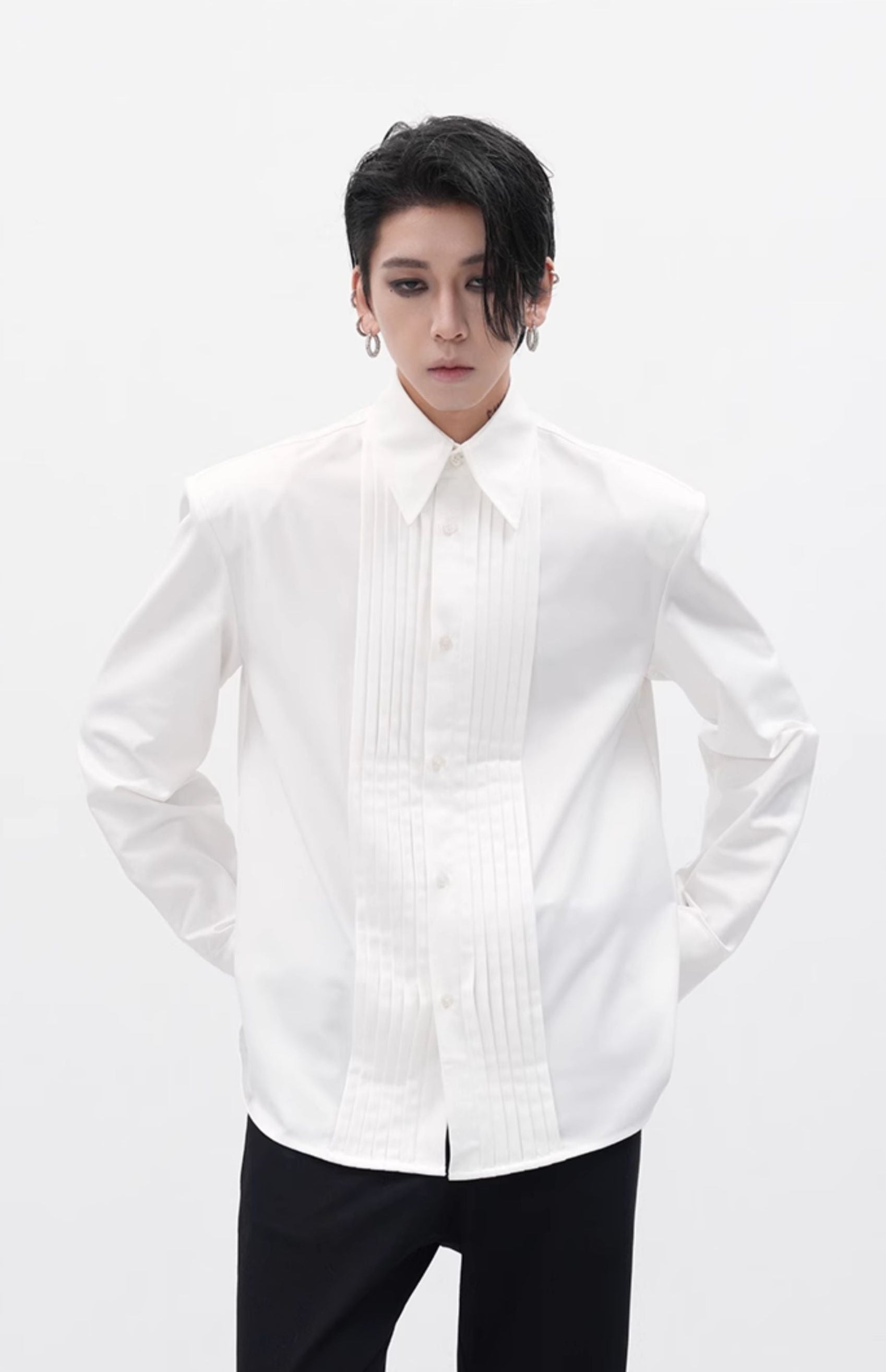 Boxy Pleated Front Pointed Collar Tuxedo Shirt